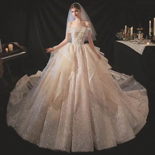 Classy Champagne Bridal Wedding Dresses 2020 Ball Gown Off-The-Shoulder Short Sleeve Backless Appliques Lace Sequins Beading Glitter Tulle Royal Train Ruffle
