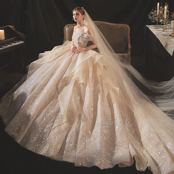 Classy Champagne Bridal Wedding Dresses 2020 Ball Gown Off-The-Shoulder Short Sleeve Backless Appliques Lace Sequins Beading Glitter Tulle Royal Train Ruffle