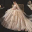 Classy Champagne Bridal Wedding Dresses 2020 Ball Gown Off-The-Shoulder Short Sleeve Backless Appliques Lace Sequins Beading Glitter Tulle Royal Train Ruffle
