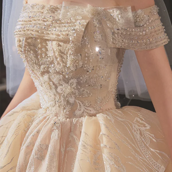 Classy Champagne Bridal Wedding Dresses 2020 Ball Gown Off-The-Shoulder Short Sleeve Backless Appliques Lace Sequins Beading Glitter Tulle Royal Train Ruffle