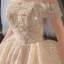 Classy Champagne Bridal Wedding Dresses 2020 Ball Gown Off-The-Shoulder Short Sleeve Backless Appliques Lace Sequins Beading Glitter Tulle Royal Train Ruffle