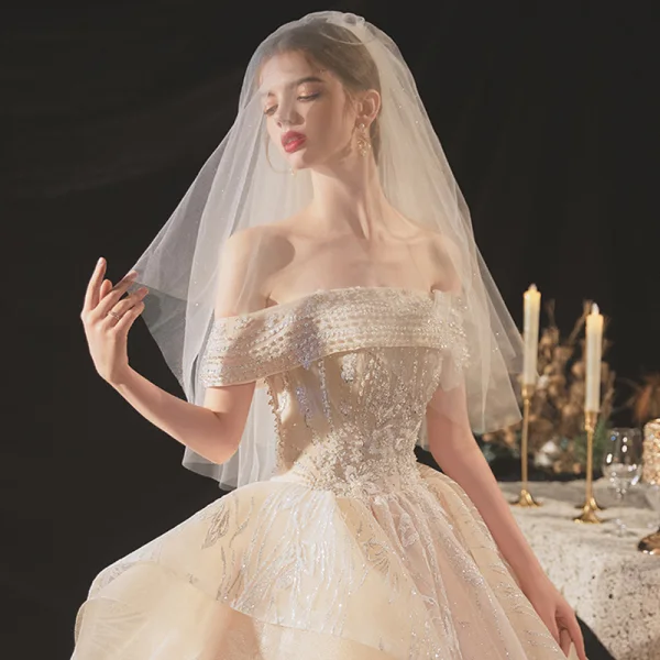 Classy Champagne Bridal Wedding Dresses 2020 Ball Gown Off-The-Shoulder Short Sleeve Backless Appliques Lace Sequins Beading Glitter Tulle Royal Train Ruffle