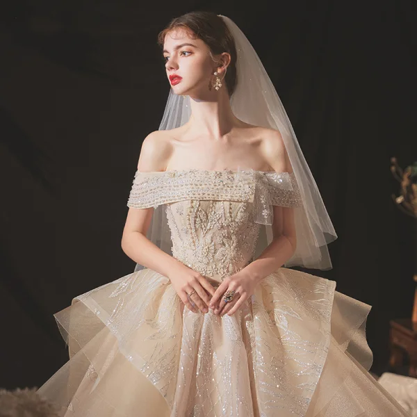 Classy Champagne Bridal Wedding Dresses 2020 Ball Gown Off-The-Shoulder Short Sleeve Backless Appliques Lace Sequins Beading Glitter Tulle Royal Train Ruffle