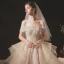 Classy Champagne Bridal Wedding Dresses 2020 Ball Gown Off-The-Shoulder Short Sleeve Backless Appliques Lace Sequins Beading Glitter Tulle Royal Train Ruffle