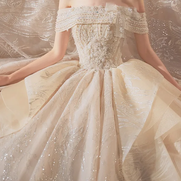Classy Champagne Bridal Wedding Dresses 2020 Ball Gown Off-The-Shoulder Short Sleeve Backless Appliques Lace Sequins Beading Glitter Tulle Royal Train Ruffle
