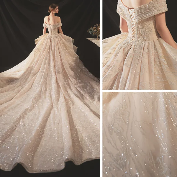 Classy Champagne Bridal Wedding Dresses 2020 Ball Gown Off-The-Shoulder Short Sleeve Backless Appliques Lace Sequins Beading Glitter Tulle Royal Train Ruffle