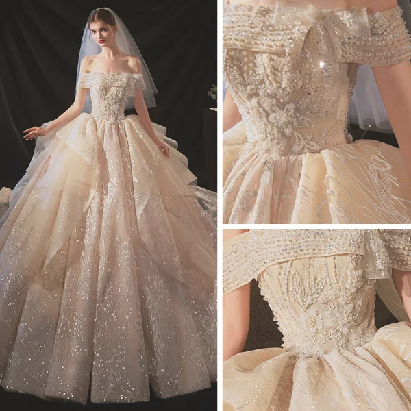 Classy Champagne Bridal Wedding Dresses 2020 Ball Gown Off-The-Shoulder Short Sleeve Backless Appliques Lace Sequins Beading Glitter Tulle Royal Train Ruffle