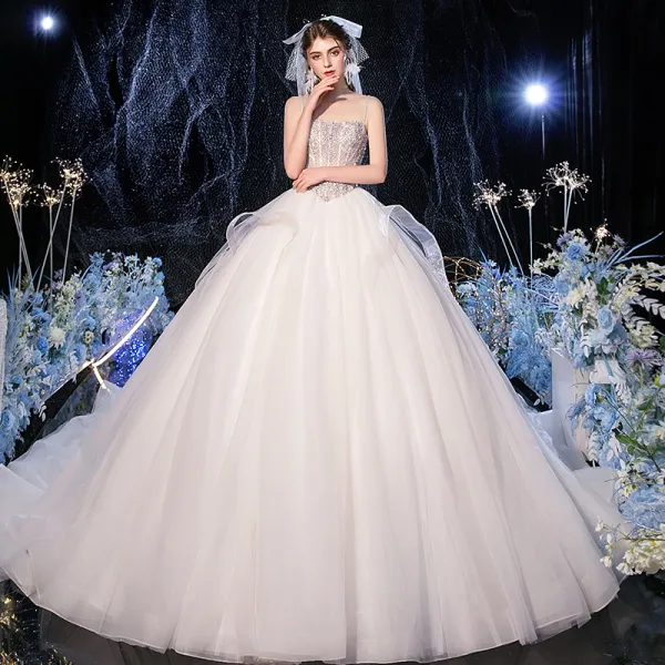 Luxury / Gorgeous Champagne Bridal Wedding Dresses 2020 Ball Gown Spaghetti Straps Sleeveless Backless Handmade  Beading Cathedral Train Ruffle