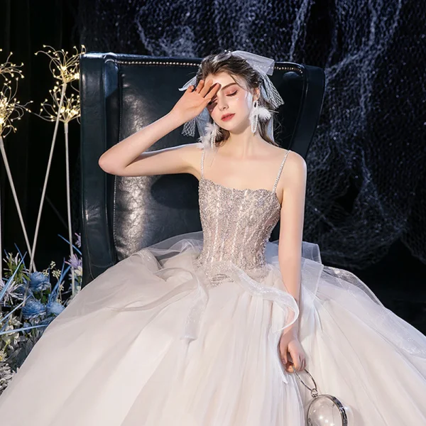 Luxury / Gorgeous Champagne Bridal Wedding Dresses 2020 Ball Gown Spaghetti Straps Sleeveless Backless Handmade  Beading Cathedral Train Ruffle