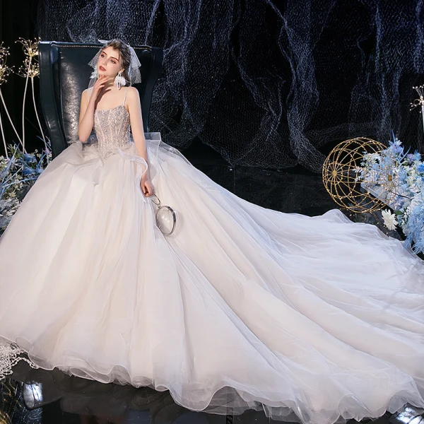 Luxury / Gorgeous Champagne Bridal Wedding Dresses 2020 Ball Gown Spaghetti Straps Sleeveless Backless Handmade  Beading Cathedral Train Ruffle