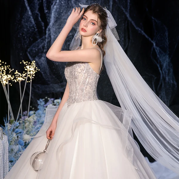Luxury / Gorgeous Champagne Bridal Wedding Dresses 2020 Ball Gown Spaghetti Straps Sleeveless Backless Handmade  Beading Cathedral Train Ruffle