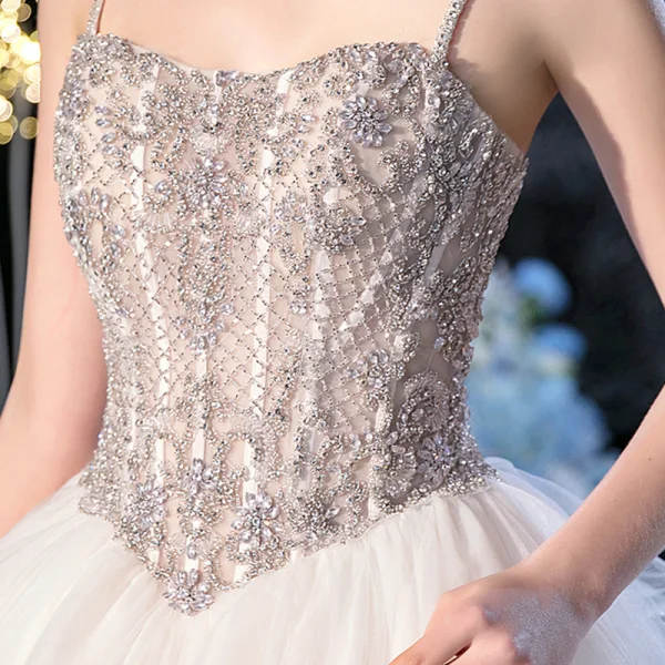 Luxury / Gorgeous Champagne Bridal Wedding Dresses 2020 Ball Gown Spaghetti Straps Sleeveless Backless Handmade  Beading Cathedral Train Ruffle