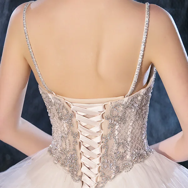 Luxury / Gorgeous Champagne Bridal Wedding Dresses 2020 Ball Gown Spaghetti Straps Sleeveless Backless Handmade  Beading Cathedral Train Ruffle