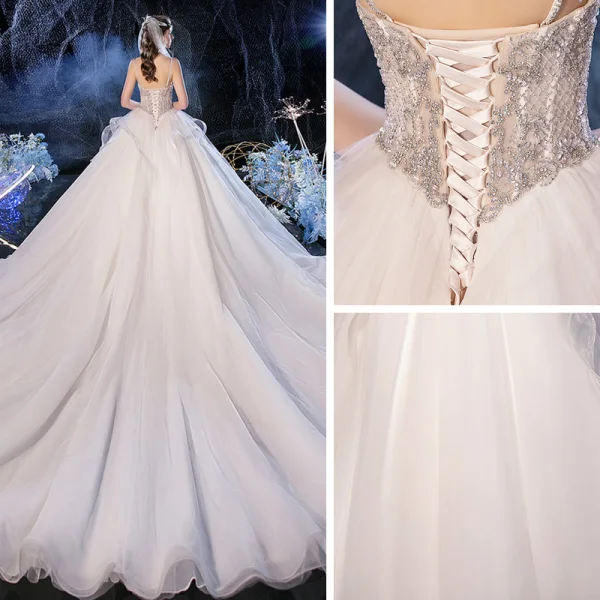 Luxury / Gorgeous Champagne Bridal Wedding Dresses 2020 Ball Gown Spaghetti Straps Sleeveless Backless Handmade  Beading Cathedral Train Ruffle