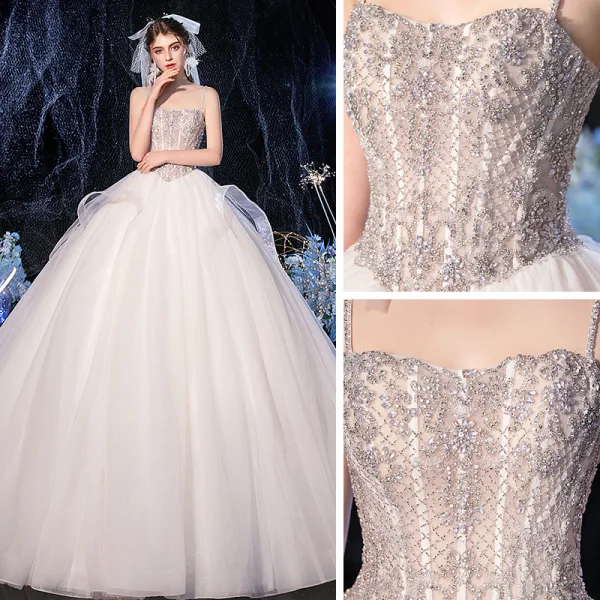 Luxury / Gorgeous Champagne Bridal Wedding Dresses 2020 Ball Gown Spaghetti Straps Sleeveless Backless Handmade  Beading Cathedral Train Ruffle
