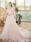Champagne Outdoor / Garden Light Wedding Dresses 2020 A-Line / Princess Spaghetti Straps Sleeveless Backless Appliques Sequins Glitter Tulle Court Train Ruffle