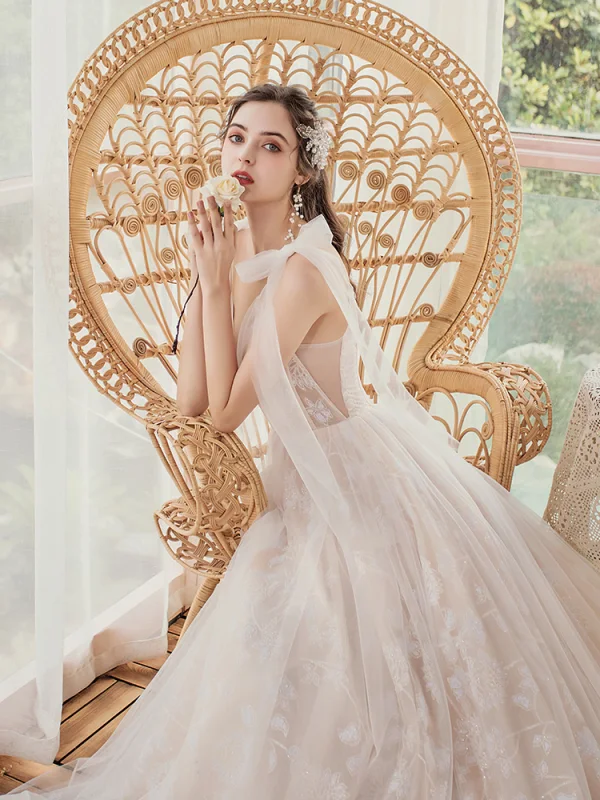 Champagne Outdoor / Garden Light Wedding Dresses 2020 A-Line / Princess Spaghetti Straps Sleeveless Backless Appliques Sequins Glitter Tulle Court Train Ruffle
