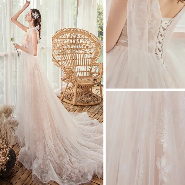 Champagne Outdoor / Garden Light Wedding Dresses 2020 A-Line / Princess Spaghetti Straps Sleeveless Backless Appliques Sequins Glitter Tulle Court Train Ruffle
