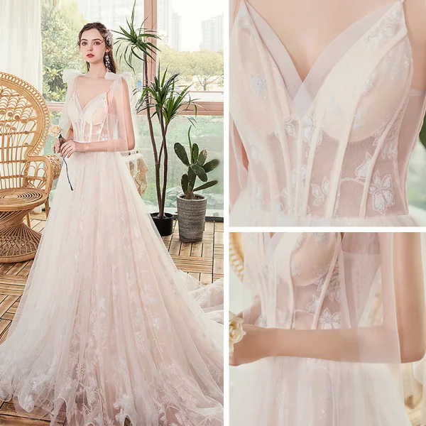 Champagne Outdoor / Garden Light Wedding Dresses 2020 A-Line / Princess Spaghetti Straps Sleeveless Backless Appliques Sequins Glitter Tulle Court Train Ruffle