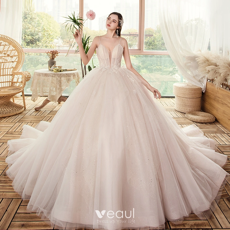 Luxury / Gorgeous Champagne Bridal Wedding Dresses 2020 Ball Gown  See-through Deep V-Neck Spaghetti Straps Sleeveless Backless Appliques Lace  Beading Glitter Tulle Chapel Train Ruffle