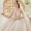 Luxe Champagne La Mariée Robe De Mariée 2020 Robe Boule Transparentes Col v profond Bretelles Spaghetti Sans Manches Dos Nu Appliques En Dentelle Perlage Glitter Tulle Chapel Train Volants