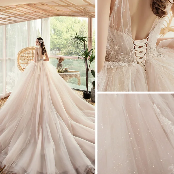 Luxe Champagne La Mariée Robe De Mariée 2020 Robe Boule Transparentes Col v profond Bretelles Spaghetti Sans Manches Dos Nu Appliques En Dentelle Perlage Glitter Tulle Chapel Train Volants