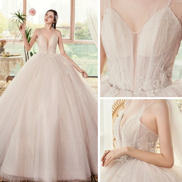 Luxe Champagne La Mariée Robe De Mariée 2020 Robe Boule Transparentes Col v profond Bretelles Spaghetti Sans Manches Dos Nu Appliques En Dentelle Perlage Glitter Tulle Chapel Train Volants