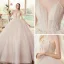 Luxe Champagne La Mariée Robe De Mariée 2020 Robe Boule Transparentes Col v profond Bretelles Spaghetti Sans Manches Dos Nu Appliques En Dentelle Perlage Glitter Tulle Chapel Train Volants