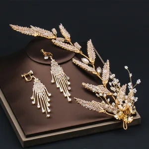 Eleganta Guld Brudsmycken 2020 Legering Beading Rhinestone Örhängen Hårsmycken Brud Huvudbonad