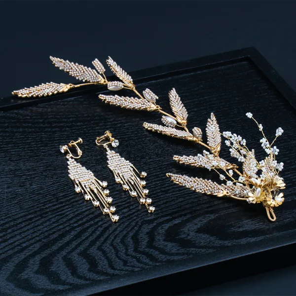 Elegant Gold Bridal Jewelry 2020 Alloy Beading Rhinestone Earrings Headpieces Bridal Hair Accessories
