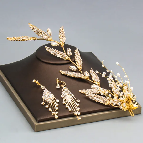Elegant Gold Bridal Jewelry 2020 Alloy Beading Rhinestone Earrings Headpieces Bridal Hair Accessories