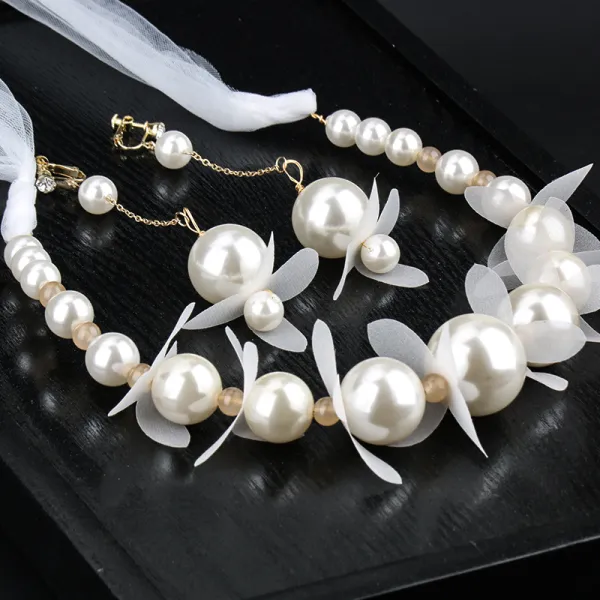Elegante Ivory / Creme Perle Kopfschmuck Ohrringe Brautschmuck 2020 Legierung Seidenblume Schnüren Stirnbänder Haarschmuck Braut