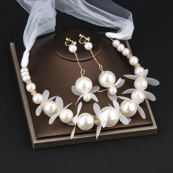 Élégant Ivoire Perle Accessoire Cheveux Boucles D'Oreilles Bijoux Mariage 2020 Alliage Fleur De Soie Lacer Bandeaux Accessoire Cheveux Mariage