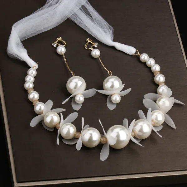 Élégant Ivoire Perle Accessoire Cheveux Boucles D'Oreilles Bijoux Mariage 2020 Alliage Fleur De Soie Lacer Bandeaux Accessoire Cheveux Mariage