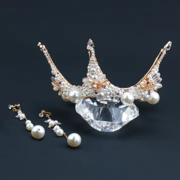 Eleganta Guld Örhängen Tiara Brudsmycken 2020 Legering Kristall Pärla Bröllop Tillbehör