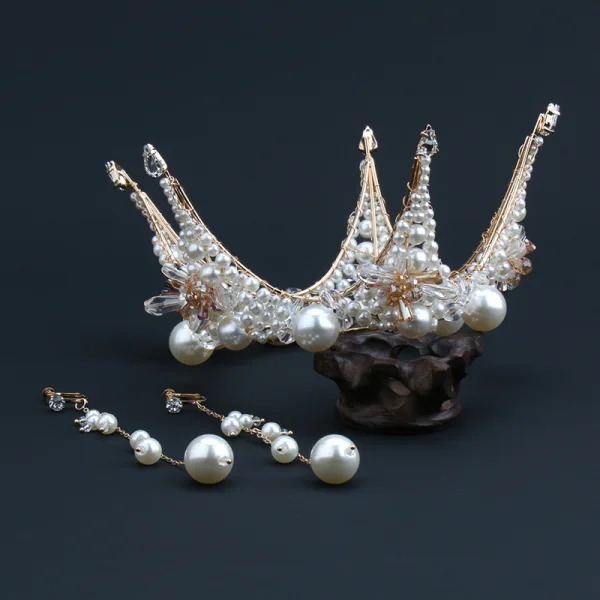 Eleganta Guld Örhängen Tiara Brudsmycken 2020 Legering Kristall Pärla Bröllop Tillbehör