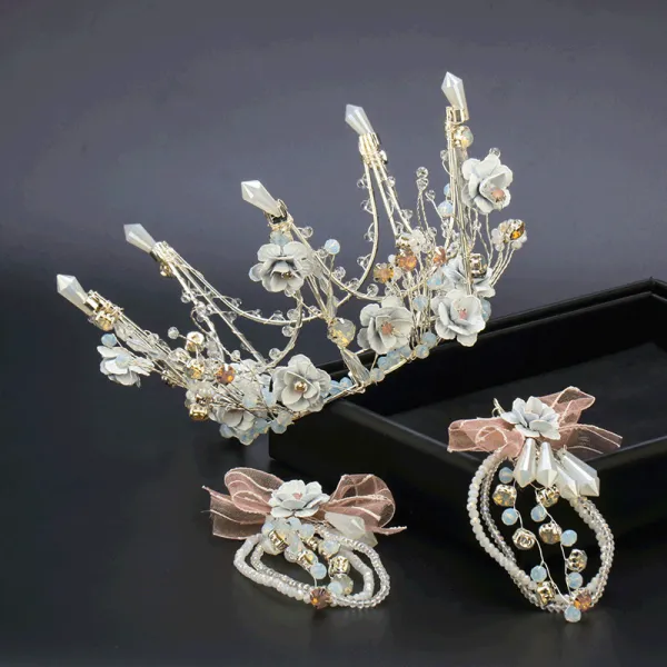 Fée Des Fleurs Argenté Fleur De Soie Tiare Boucles D&#039;Oreilles Bijoux Mariage 2020 Alliage Cristal Perlage Mariage Accessorize