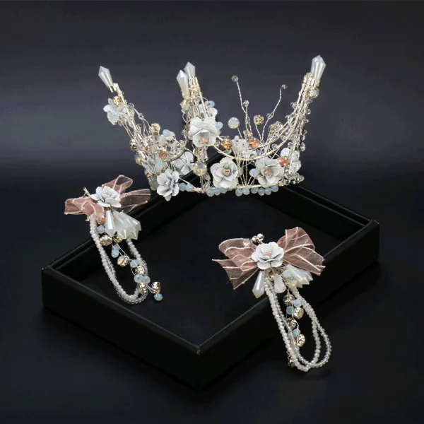 Flower Fairy Silver Silk Flower Tiara Earrings Bridal Jewelry 2020 Alloy Crystal Beading Wedding Accessories