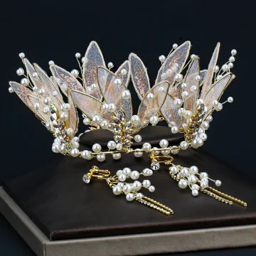 Charmant Gold Diadem Ohrringe Brautschmuck 2020 Legierung Perle Strass Hochzeit Brautaccessoires