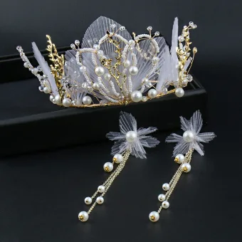 Elegant Gold Tiara Earrings Bridal Jewelry 2020 Metal Pearl Silk Flower Wedding Accessories