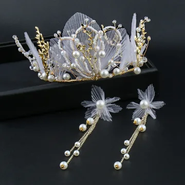 Élégant Doré Tiare Boucles D 039 Oreilles Bijoux Mariage 2020 Métal Perle Fleur De Soie Mariage Accessorize