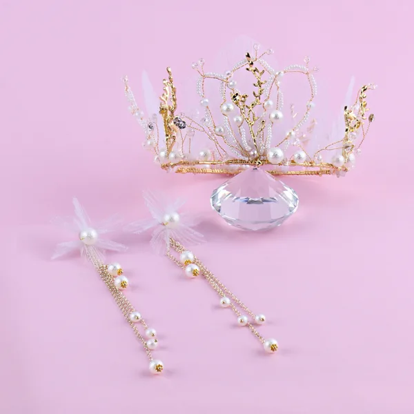 Elegant Gold Tiara Earrings Bridal Jewelry 2020 Metal Pearl Silk Flower Wedding Accessories