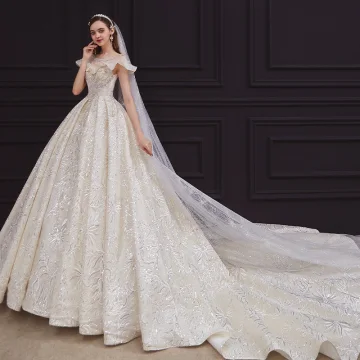 Vintage Retro Champagne Bridal Wedding Dresses 2020 Ball Gown See Through Square Neckline Short Sleeve Backless Beading Appliques Lace Sequins Glitter Tulle Cathedral Train Ruffle