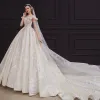 Vintage / Retro Champagne Bridal Wedding Dresses 2020 Ball Gown See-through Square Neckline Short Sleeve Backless Beading Appliques Lace Sequins Glitter Tulle Cathedral Train Ruffle
