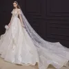 Victorian Style Champagne Bridal Wedding Dresses 2020 Ball Gown See-through Scoop Neck Puffy Short Sleeve Backless Beading Appliques Lace Sequins Cathedral Train Ruffle
