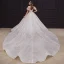 Style Victorien Champagne La Mariée Robe De Mariée 2020 Robe Boule Transparentes Encolure Dégagée Gonflée Manches Courtes Dos Nu Perlage Appliques En Dentelle Paillettes Cathedral Train Volants