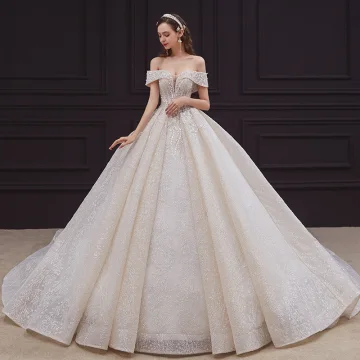 Elegant Champagne Bridal Wedding Dresses 2020 Ball Gown Off The Shoulder Short Sleeve Backless Appliques Lace Beading Sequins Glitter Tulle Cathedral Train Ruffle