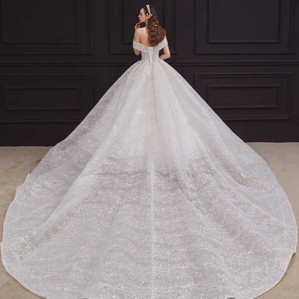 Elegant Champagne Bridal Wedding Dresses 2020 Ball Gown Off-The-Shoulder Short Sleeve Backless Appliques Lace Beading Sequins Glitter Tulle Cathedral Train Ruffle