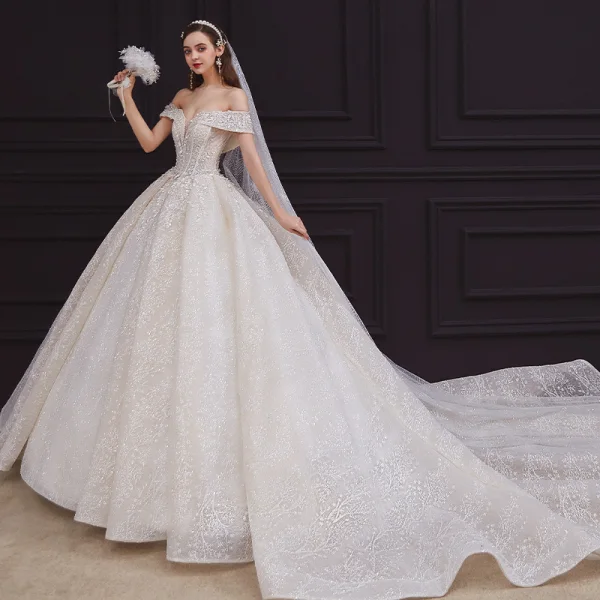 Elegant Champagne Bridal Wedding Dresses 2020 Ball Gown Off-The-Shoulder Short Sleeve Backless Appliques Lace Beading Sequins Glitter Tulle Cathedral Train Ruffle