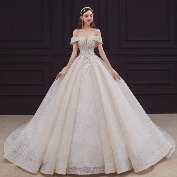 Elegant Champagne Bridal Wedding Dresses 2020 Ball Gown Off-The-Shoulder Short Sleeve Backless Appliques Lace Beading Sequins Glitter Tulle Cathedral Train Ruffle